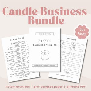 Puede incluir: Un paquete PDF imprimible para negocios de velas. Incluye una hoja de recetas de velas, un planificador de negocios y una plantilla de factura. El texto de la imagen dice "Candle Business Bundle" y "30+ pages".