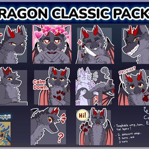 Könnte beinhalten: Ein digitaler Stickerbogen mit dem Titel DRAGON CLASSIC PACK 3, der zwölf Illustrationen eines grauen Drachen mit roten Hörnern und Flügeln in verschiedenen Posen zeigt, inklusive Texten wie Calm Down, Promise und Hi, von Kuropipii.
