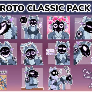 Pode incluir: Um conjunto de autocolantes digitais que apresentam uma personagem estilizada com um rosto negro e várias expressões. As bolhas de texto incluem frases como "Hi!" e "Promise?". O título "PROTO CLASSIC PACK 3" é exibido no topo.