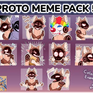 Pode incluir: Um conjunto de autocolantes de desenhos animados com uma personagem animal robótica castanha e branca. Os autocolantes apresentam várias expressões e poses, com o texto "PROTO MEME PACK 5".