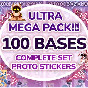 Pode incluir: Imagem promocional para um pacote de adesivos. A imagem apresenta um grande oval branco com texto roxo: "ULTRA MEGA PACK!!! 100 BASES COMPLETE SET PROTO STICKERS." O fundo é roxo claro com ilustrações de personagens de desenhos animados.