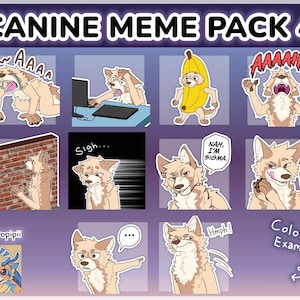 Könnte beinhalten: Eine Sammlung von Aufklebern mit Hunde-Memes. Die Aufkleber zeigen Cartoon-Hunde in verschiedenen Posen und Ausdrücken, mit Sprechblasen und Text wie "AAAA" und "Nah, I'm Sigma". Der Titel "CANINE MEME PACK 4" befindet sich oben.