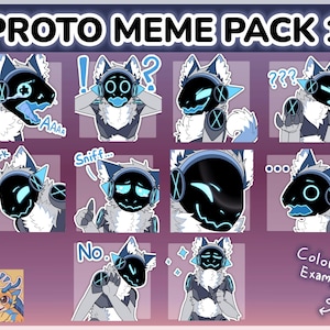 Pode incluir: Um conjunto de autocolantes digitais intitulado "PROTO MEME PACK 1". Os autocolantes apresentam uma personagem antropomórfica estilizada com um rosto preto e detalhes azuis brilhantes, expressando várias emoções. O fundo é um gradiente de roxo e rosa.