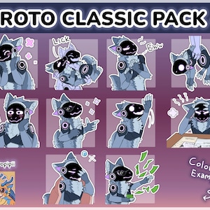 Pode incluir: Folha de adesivos "Proto Classic Pack 4" com personagens de desenhos animados com viseiras pretas e pelo cinza e azul. Os adesivos mostram várias expressões e ações. O texto "Proto Classic Pack 4" está no topo.