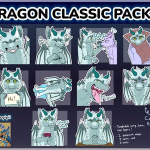 Könnte beinhalten: Eine digitale Kunstsammlung mit dem Titel DRAGON CLASSIC PACK 5, die zwölf illustrierte Drachenfiguren in verschiedenen Posen und Ausdrücken zeigt, inklusive Textbeschriftungen wie Grr, BAR, Hi, Maws und Cheers Mate, von Kuropipii.