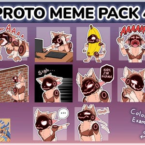 Pode incluir: Um conjunto de autocolantes de desenhos animados com um personagem Protogen em várias poses e expressões. Os autocolantes incluem balões de texto com frases como "AAAA" e "Nah, I'm Sigma". O título "PROTO MEME PACK 4" é exibido no topo.