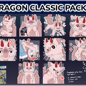 Könnte beinhalten: Ein digitaler Stickerbogen mit dem Titel DRAGON CLASSIC PACK 2, der einen hellrosa Drachen mit roten Hörnern in verschiedenen Posen zeigt. Enthält Textbeschriftungen wie Hiss und Pat sowie Hinweise zu anpassbaren Flügel-, Horn- und Schwanzebenen.