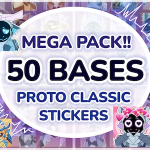 Pode incluir: Um pacote de adesivos de arte digital com um fundo circular branco. O texto "MEGA PACK!! 50 BASES PROTO CLASSIC STICKERS" é exibido em azul e branco. A imagem apresenta vários designs de personagens de desenhos animados.
