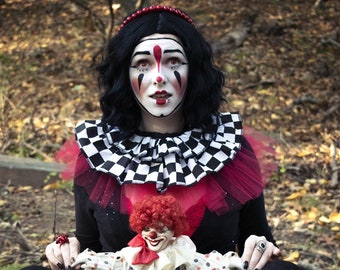 Checkered Clown Neck Ruff - Red, Black & White Harlequin Collar
