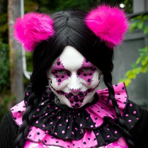 Schwarz Rosa Polka dot Harlekin Clown Kragen Halskrause Rüschen Band Krawatte Spaß pierrot Kragen Cosplay Halloween Kostüm-SistersEnchanted