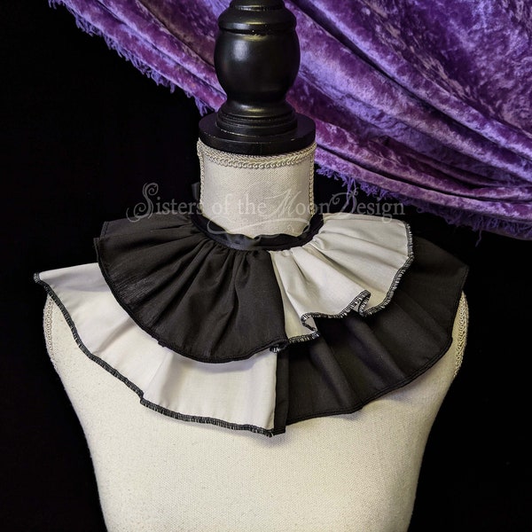 White Black Harlequin clown neck collar neck ruff ruffle two tone ribbon tie on pierrot collar cosplay halloween costume -SistersEnchanted