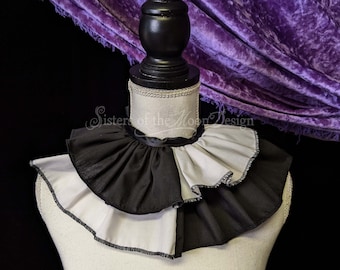 Blanco Negro Arlequín payaso cuello cuello ruff volante dos tonos cinta corbata en pierrot collar cosplay disfraz de halloween -SistersEnchanted