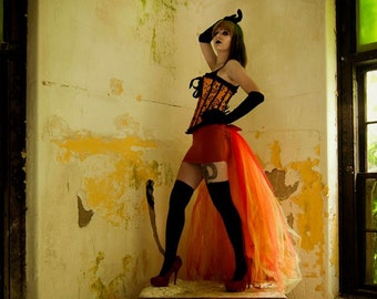 Flame tulle bustle skirt Half tutu Red Orange Yellow burlesque ribbon tie on floor length Halloween fire costume Cosplay wedding - free Size