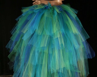 Massive Mermaid tulle tie on bustle floor length half skirt burlesque costume blues green fairy show girl Halloween One Size -Enchanted