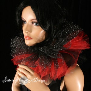 Clowncore Layered Neck Kragen Rot Schwarz Sparkle Tüll Halskrause Clown Halloween Kostüm Band Krawatte Harlekin Bühne tragen -SistersEnchanted