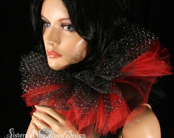 Red Black Sparkle Neck Collar, Tulle neck collar, Three layer neck cuff, clown halloween costume ribbon tie on harliquin -SistersEnchanted