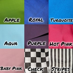 K&ouml;nnte beinhalten: Eine Collage aus neun Stoffmustern in verschiedenen Farben und Mustern. Die Muster umfassen Apfelgr&uuml;n, K&ouml;nigsblau, T&uuml;rkis, Aqua, Lila, Pink, Babyrosa, Schwarz-Wei&szlig;-Karos und Schwarz-Wei&szlig;-Streifen.