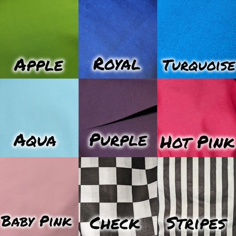 K&ouml;nnte beinhalten: Eine Collage aus neun Stoffmustern in verschiedenen Farben und Mustern. Die Muster umfassen Apfelgr&uuml;n, K&ouml;nigsblau, T&uuml;rkis, Aqua, Lila, Pink, Babyrosa, Schwarz-Wei&szlig;-Karos und Schwarz-Wei&szlig;-Streifen.