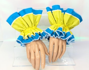 Blau & Gelb Clown Rüschen Handmanschetten Set Pulswärmer Anklets Clowncore Kostüm-Zubehör Pierrot Cosplay Halloween Zirkus Kidcore Armband
