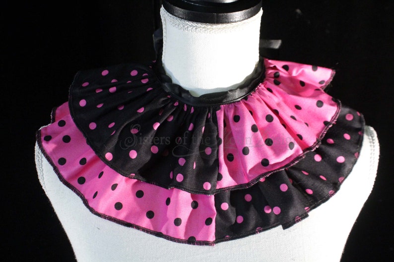 Black Pink Polka Dot Harlequin Clown Collar Neck Ruff Ruffle Ribbon Tie ...