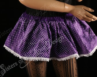 Ready to ship purple polka dot mini skirt Adult Small circle skirt tutu topper white lace roller derby costume lolita rave -SistersEnchanted