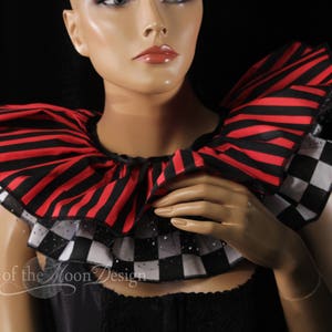 Red Black Neck collar neck ruff ruffle shrug Stripes Checkard tulle 2 in 1 looks clown jester goth queen costume tie on -SistersEnchanted