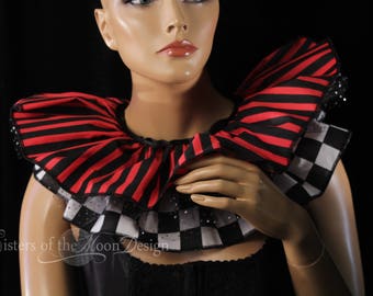 Red Black Neck collar neck ruff ruffle shrug Stripes Checkard tulle 2 in 1 looks clown jester goth queen costume tie on -SistersEnchanted