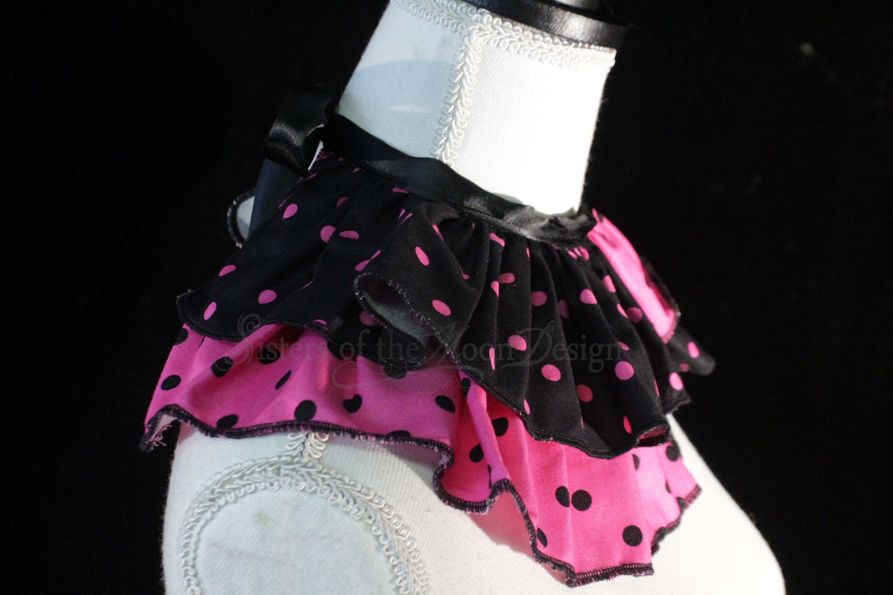 Black Pink Polka Dot Harlequin Clown Collar Neck Ruff Ruffle Ribbon Tie ...