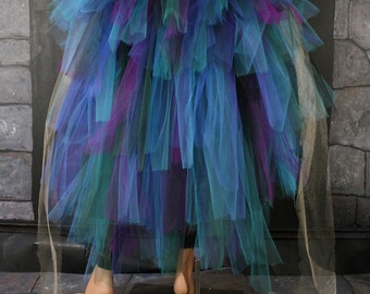 Massive Peacock burlesque tie on bustle layered tulle half tutu floor length dance dancer costume blue Halloween --One Size XS-XL--Enchanted