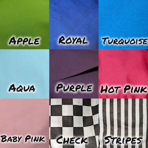 May include: A collage of nine fabric swatches in different colors and patterns. The swatches include apple green, royal blue, turquoise, aqua, purple, hot pink, baby pink, black and white checkered, and black and white striped.