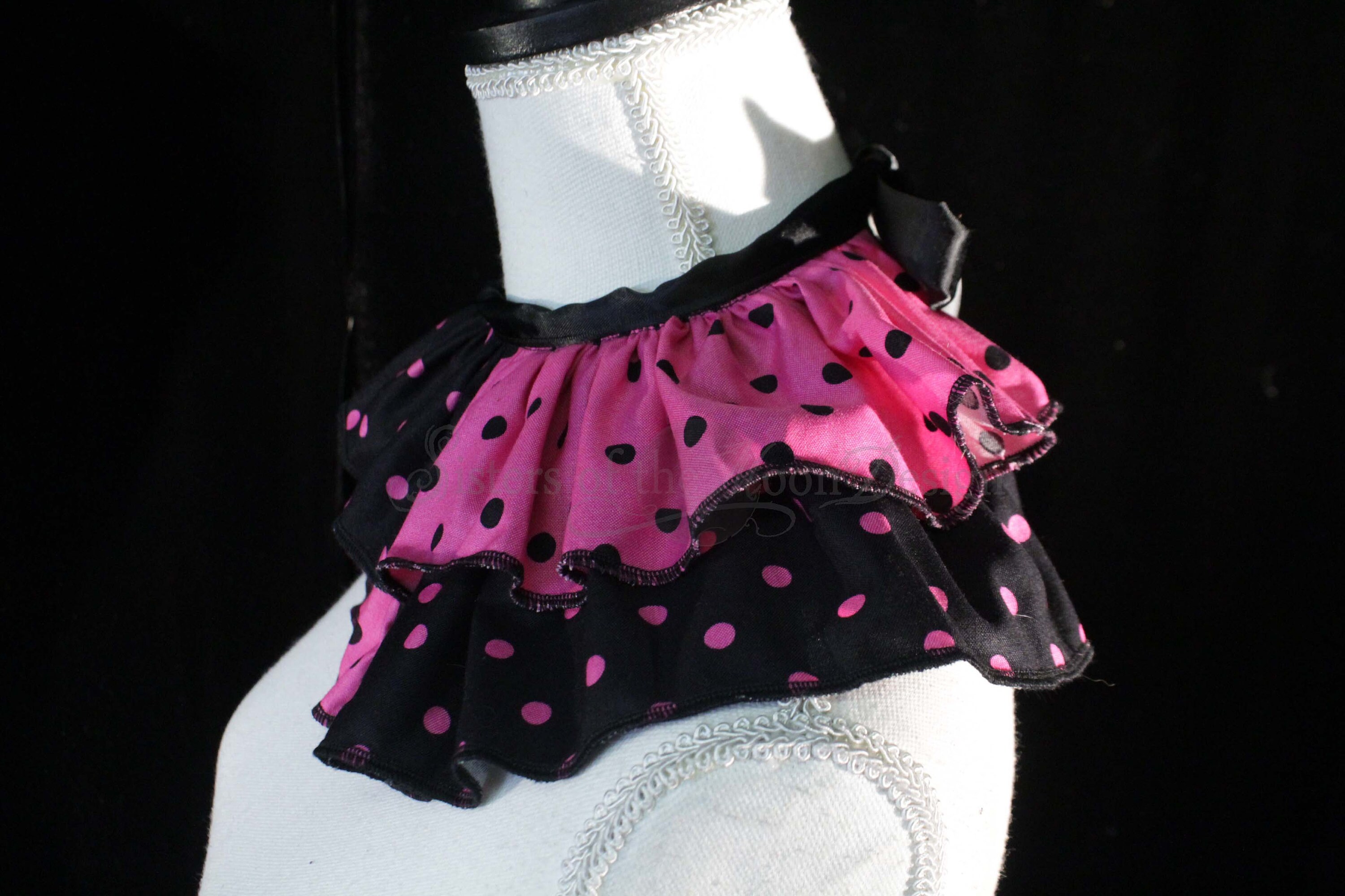 Black Pink Polka Dot Harlequin Clown Collar Neck Ruff Ruffle Ribbon Tie ...