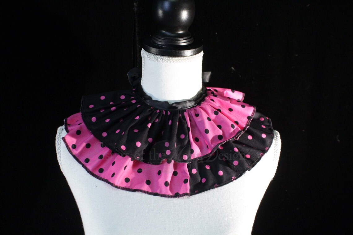 Black Pink Polka Dot Harlequin Clown Collar Neck Ruff Ruffle Ribbon Tie ...