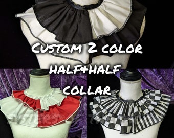 May include: A collection of custom two-color half-and-half collars. The collars are displayed on mannequins and feature various color combinations, including black and white, red and white, and checkered patterns. The text "CUSTOM 2 COLOR HALF+HALF COLLAR" is overlaid on the image.