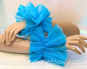 Turquoise Organza ruffled Clown wrist cuffs band wristlets Clowncore Halloween Costume bracelet Victorian Pierrot Jester Renaissance faire