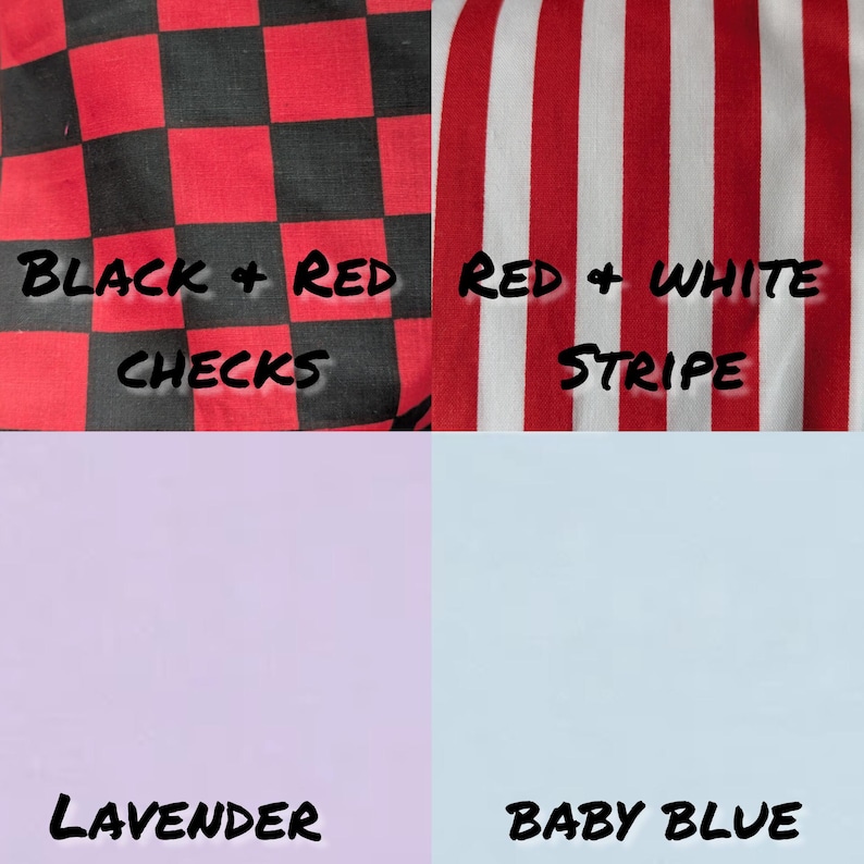 K&ouml;nnte beinhalten: Vier Stoffmuster, die verschiedene Muster und Farben zeigen. Das obere linke Muster ist schwarz-rot kariert und mit "BLACK + RED CHECKS" beschriftet. Das obere rechte Muster ist rot-wei&szlig; gestreift und mit "RED + WHITE STRIPE" beschriftet. Das untere linke Muster ist lavendelfarben und mit "LAVENDER" beschriftet. Das untere rechte Muster ist babyblau und mit "BABY BLUE" beschriftet.
