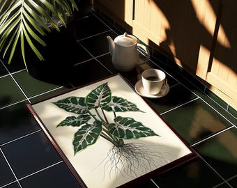 May include: A framed botanical print of a plant with large green and white patterned leaves and visible roots. A white teapot, teacup, and saucer sit nearby on a dark green tiled surface. Sunlight streams in from the right.