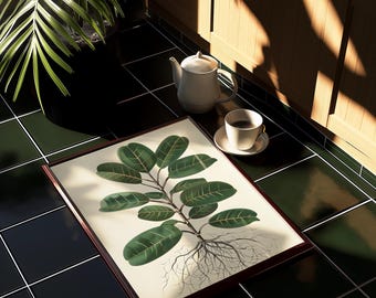 May include: A framed botanical illustration of a green plant with roots and leaves on a black and green tiled floor. A white teapot and a white cup and saucer are in the background.