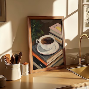 coffee books print | books and coffee wall art | art poster | coffee print | wall print aesthetic | study aesthetic | digital art print