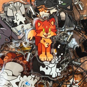 May include: A collection of clear acrylic charms featuring various cartoon animal designs, including cats and foxes. Each charm has a black cord and a silver-colored clasp. The charms are in various colors, including orange, black, white, and gray.