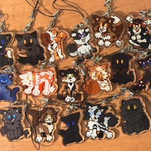 May include: A collection of acrylic cat charms with various designs and colors. Each charm features a different cat illustration, with details like stripes, spots, and unique poses. They are attached to black lanyards with silver-colored clasps.