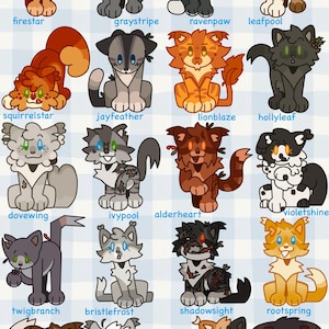 May include: A colorful illustration featuring 20 cartoon cats with various fur patterns and colors. Each cat is labeled with a name, such as "Firestar," "Graystripe," and "Ravenpaw." The artwork has a whimsical style, with each cat in a unique pose.