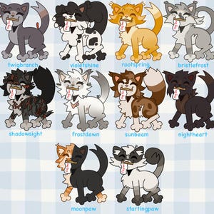 Pu&ograve; includere: Una collezione di dodici illustrazioni di gatti dei cartoni animati in vari colori e motivi. Ogni gatto tiene in bocca una piccola bandiera. I gatti hanno nomi come "twigbranch" e "violetshine".