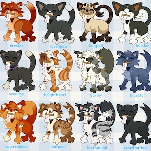 Pu&ograve; includere: Una collezione di dodici illustrazioni di gatti dei cartoni animati, ognuna con una combinazione di colori e un design unici. Ogni gatto tiene in bocca una piccola bandiera. I nomi dei gatti, come "Firestar" e "Ravenpaw", sono scritti sotto.