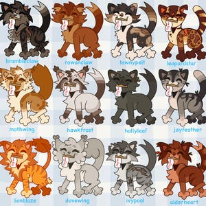 Pu&ograve; includere: Una griglia di dodici illustrazioni di gatti dei cartoni animati, ognuna con una combinazione di colori e un motivo unici. Ogni gatto tiene in bocca una piccola bandiera. I nomi dei gatti, come "brambleclaw" e "rowanclaw", sono scritti sotto ogni immagine.