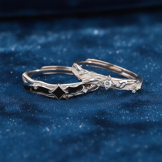 Dawn and Dusk Sterling Silver Couple's Ring Set, Gift For Her, Anniversary Adjustable Rings For Women