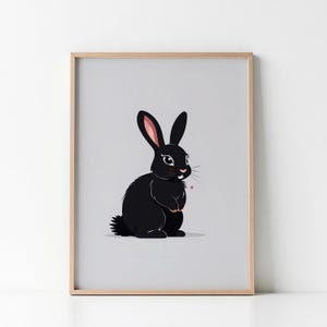Arte digital minimalista de conejo negro moderno con dibujos de animales para decoración de pared.