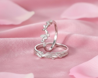 Couple Sterling Silver Adjustable Ring Set, Silver Rings For Women,