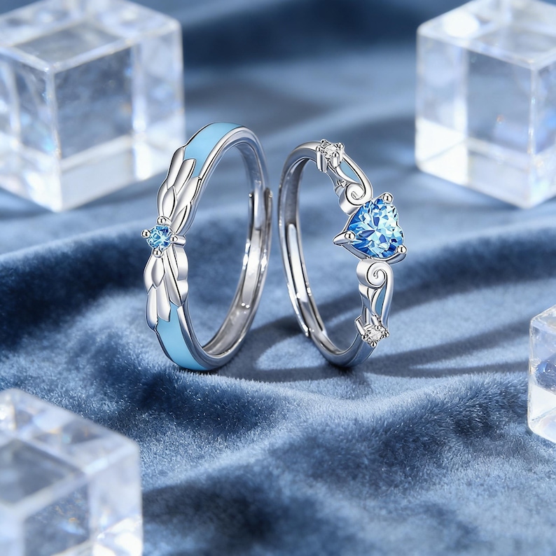 Glow in the Dark Angel Wing Couple Rings, Mothers Day Gift Rings, Adjustable Matching Rings, Gift For Her couple set