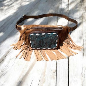 Cowhide Tooled Leather Tan Fringe Fanny Pack