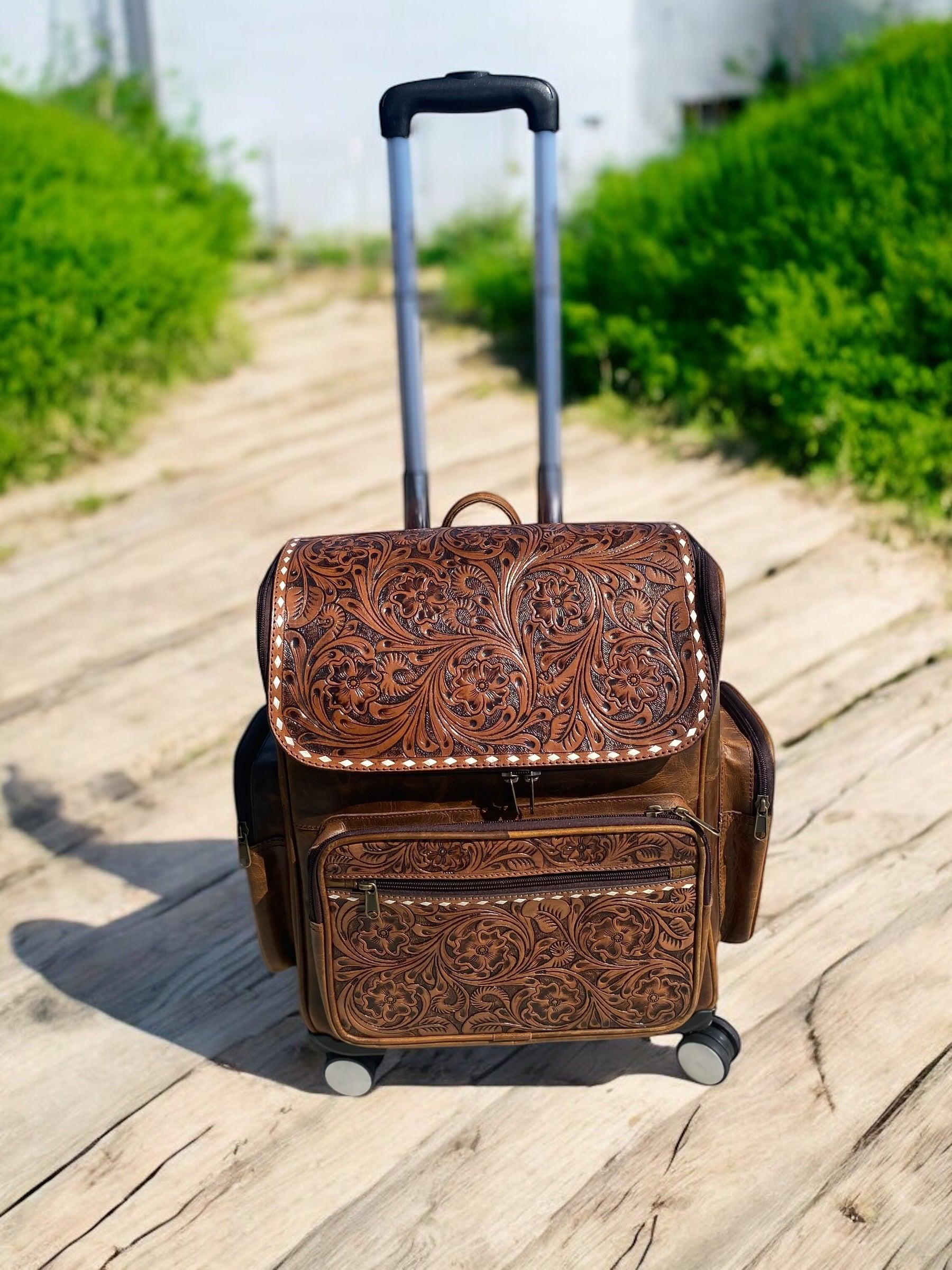 Leather Rolling Backpack with Rustic Tooled Design